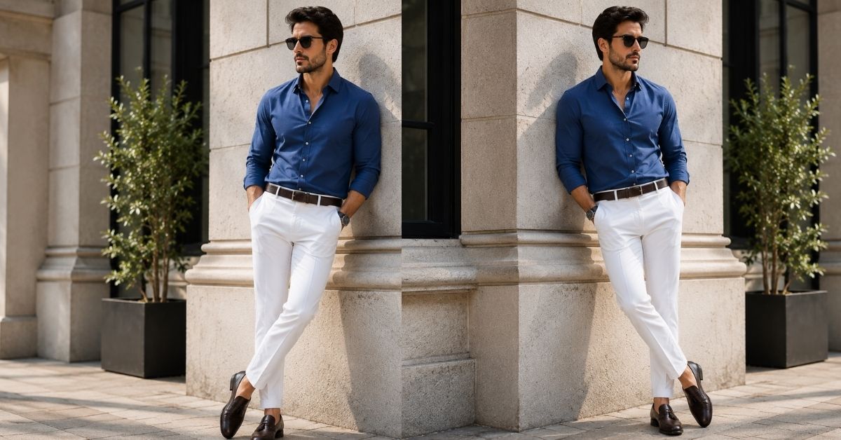 blue shirts with white pants