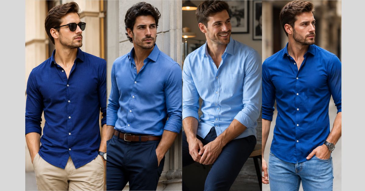 different blue shirts with different jeans