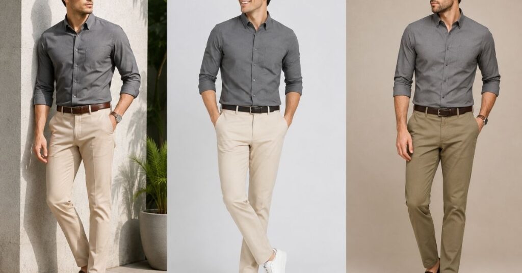 grey shirt with beige and khaki pants