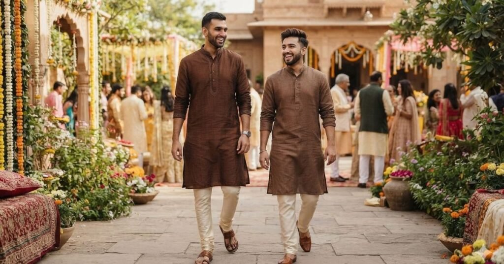 Men Wearing Brown Kurta With Cream Pajama