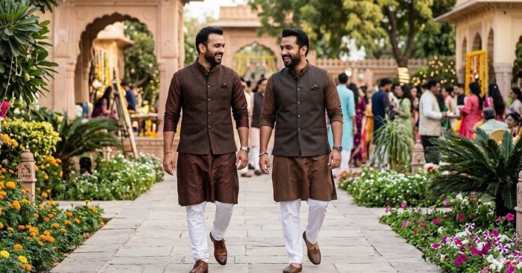 Men Wearing Brown Kurta With waistcoat