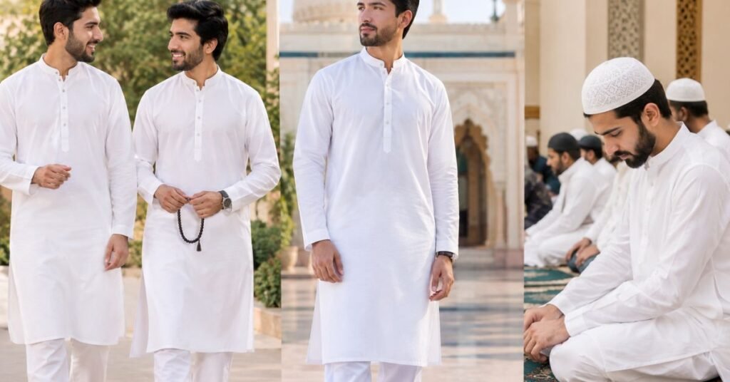 Men Wearing White Kurta for Eid and Religious Gatherings